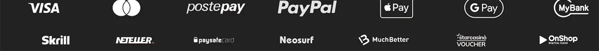 Payment methods banner showing supported deposit options including Visa, Mastercard, PostePay, PayPal, Apple Pay, Google Pay, MyBank, Skrill, Neteller, Paysafecard, Neosurf, MuchBetter, StarCasino Voucher, and OnShop, indicating a wide variety of secure payment solutions available on the platform.