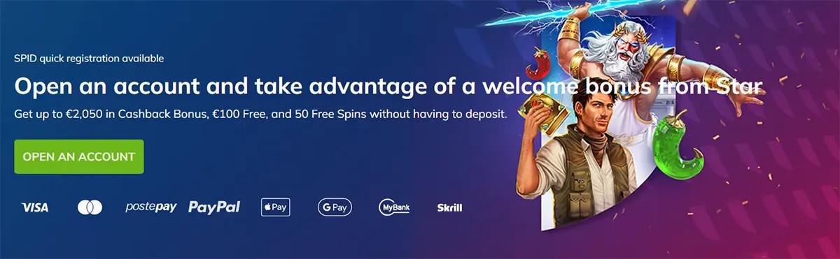 Promotional banner encouraging users to open a casino account and claim a welcome bonus, highlighting offers of up to €2,050 cashback, €100 free, and 50 free spins without deposit. The banner also mentions SPID quick registration and displays supported payment methods such as Visa, Mastercard, PostePay, PayPal, Apple Pay, Google Pay, MyBank, and Skrill, alongside illustrated casino characters and game-themed elements.