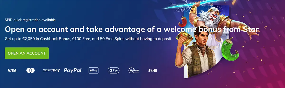 Promotional banner encouraging users to open a casino account and claim a welcome bonus, highlighting offers of up to €2,050 cashback, €100 free, and 50 free spins without deposit. The banner also mentions SPID quick registration and displays supported payment methods such as Visa, Mastercard, PostePay, PayPal, Apple Pay, Google Pay, MyBank, and Skrill, alongside illustrated casino characters and game-themed elements.