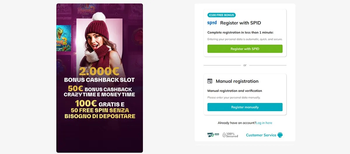 Casino registration page showing two sign-up options: Register with SPID for quick identity verification and Manual registration for entering personal details manually. On the left side, a promotional banner advertises bonuses including €2,000 cashback on slots, €50 cashback for Crazy Time and Money Time, and €100 plus 50 free spins without deposit. The page also displays PCI DSS security indicators and a Customer Service link.