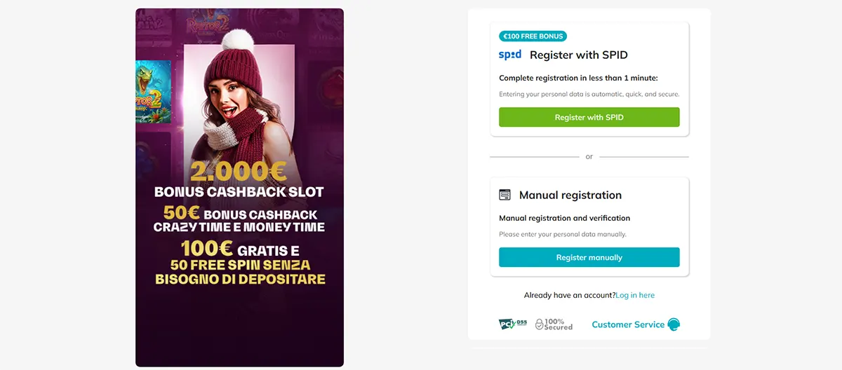 Casino registration page showing two sign-up options: Register with SPID for quick identity verification and Manual registration for entering personal details manually. On the left side, a promotional banner advertises bonuses including €2,000 cashback on slots, €50 cashback for Crazy Time and Money Time, and €100 plus 50 free spins without deposit. The page also displays PCI DSS security indicators and a Customer Service link.